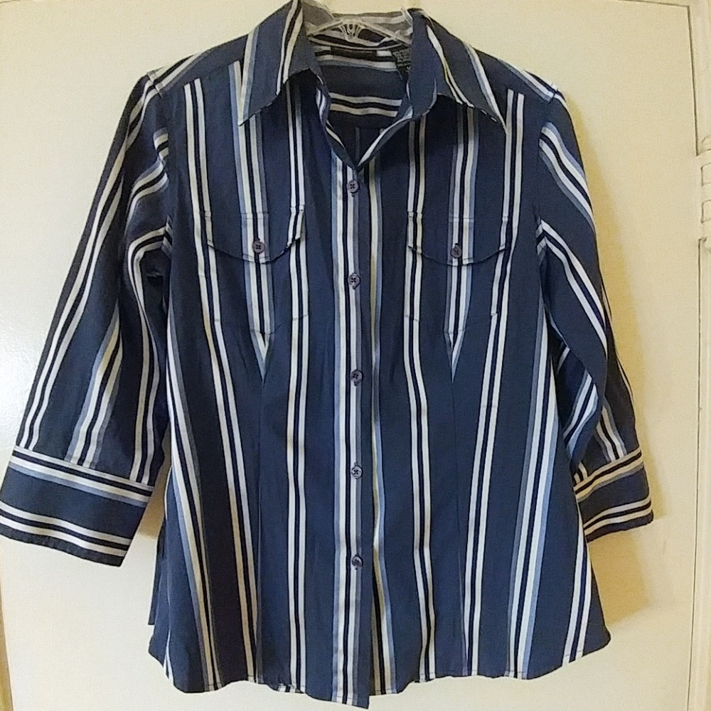 NY & Co Classy Career Blue Striped Blouse M